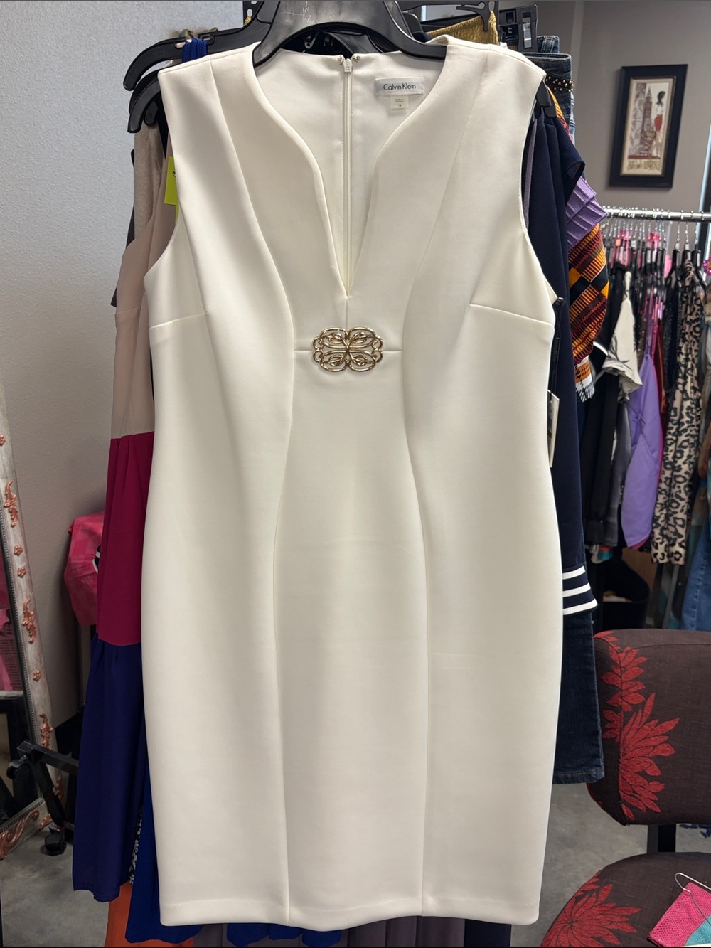 Calvin Klein White Sleeveless Midi Sheath Dress with Gold Accent